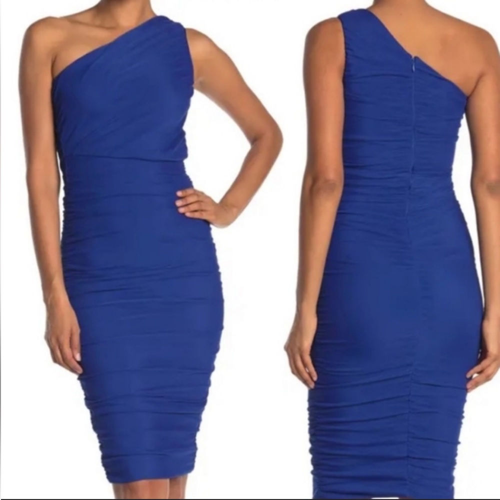 Love X Design Bodycon One Shoulder Ruched Dress Royal Blue Lined Small